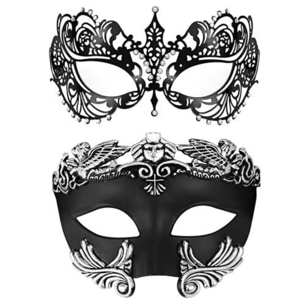 8466 Masquerade Mask for Couples: Shiny Rhinestones Filigree Metal Party